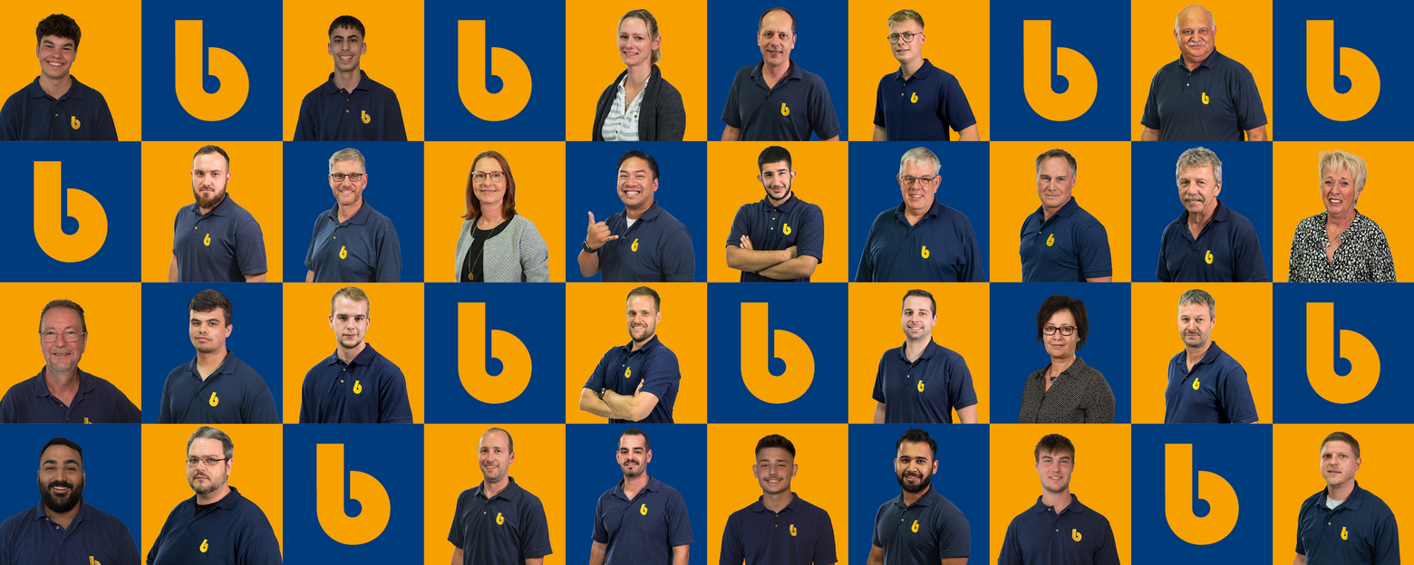 Mitarbeiterinnen und Mitarbeiter von Borgmann als Porträtcollage vor dem Firmenlogo in wechselnden gelb-blauen Kacheln.